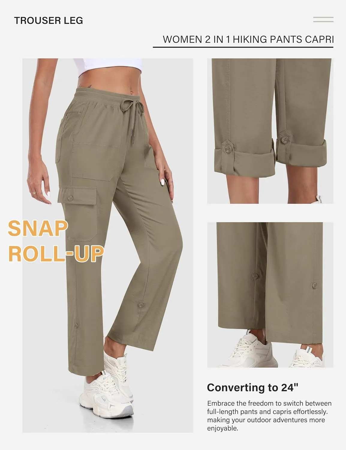 MoFiz Women's Hiking Pants Roll Up Convertible Capri Pant Lightweight Quick Dry Outdoor Travel Athletic Pants Pockets
