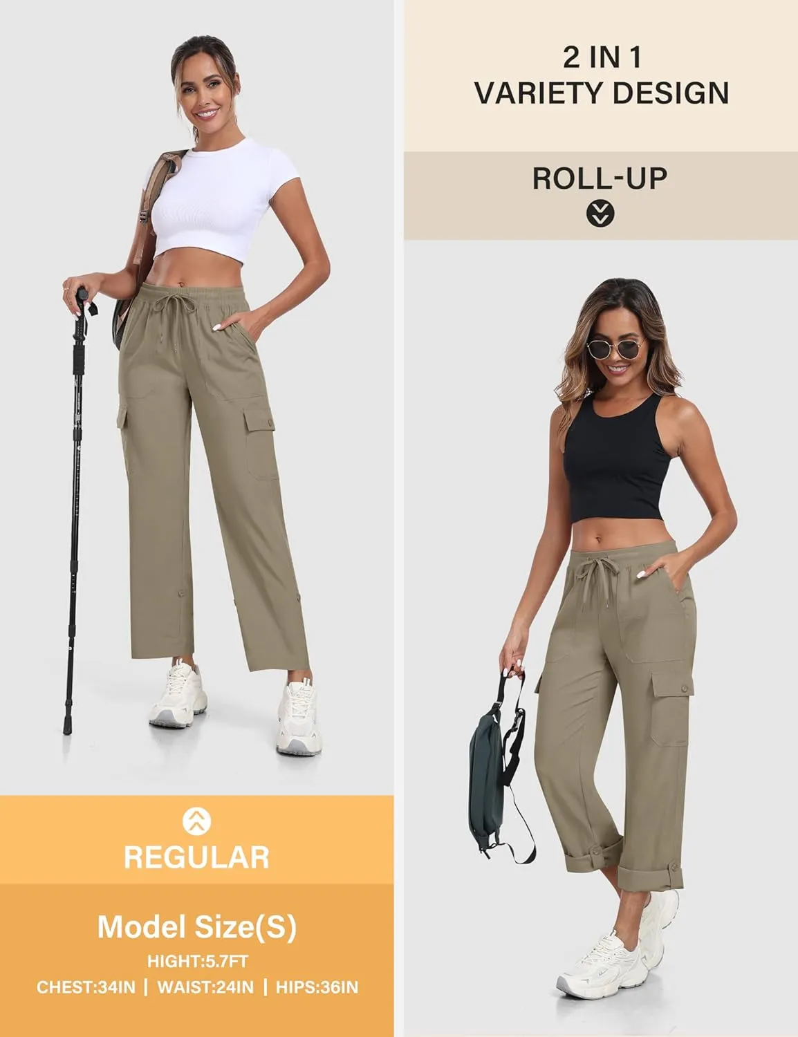 MoFiz Women's Hiking Pants Roll Up Convertible Capri Pant Lightweight Quick Dry Outdoor Travel Athletic Pants Pockets