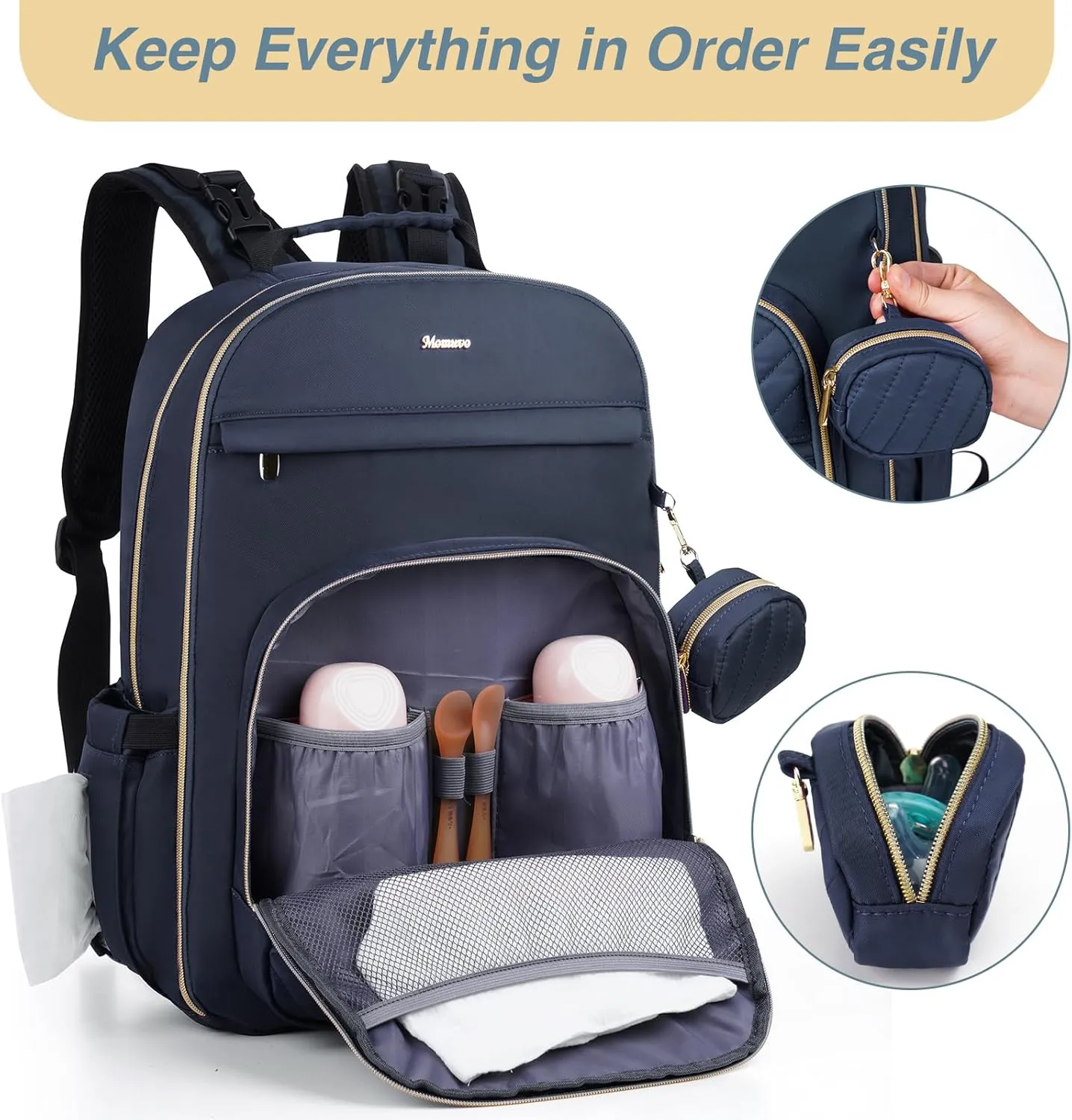 MOMUVO Diaper Bag Backpack, Quilted Baby Bag with Changing Pad & Stroller Straps & Pacifier Case, Large Travel Diaper Bags for Mom Dad, Blue