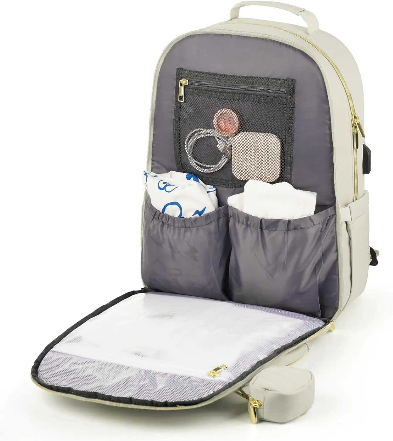 MOMUVO Diaper Bag Backpack, Quilted Baby Bag with Changing Pad and Stroller Straps and Pacifier Case, Multifunction Waterproof Travel Diaper Bags, Unisex, Beige