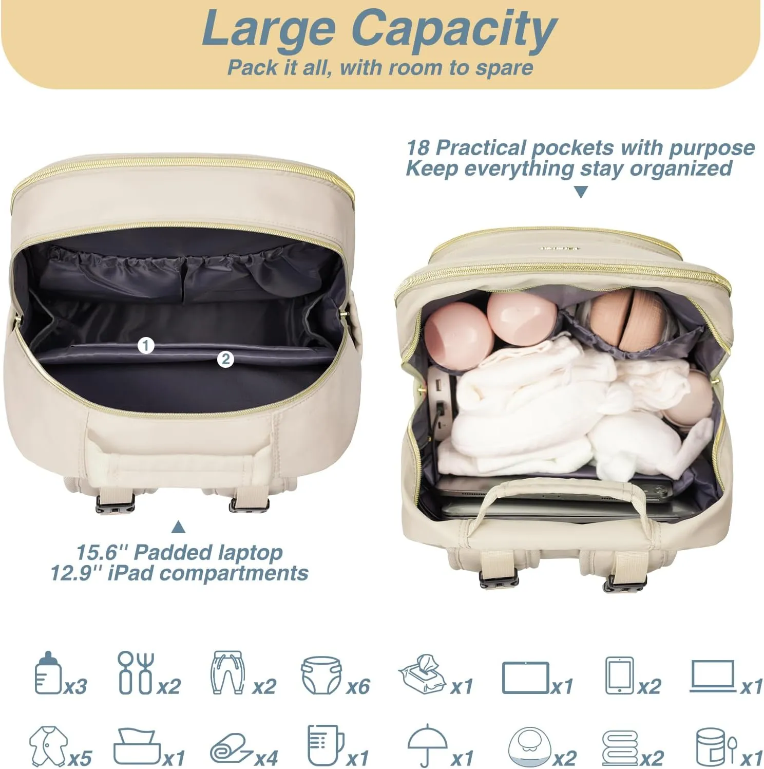 MOMUVO Diaper Bag Backpack, Quilted Baby Bag with Changing Pad and Stroller Straps and Pacifier Case, Multifunction Waterproof Travel Diaper Bags, Unisex, Beige