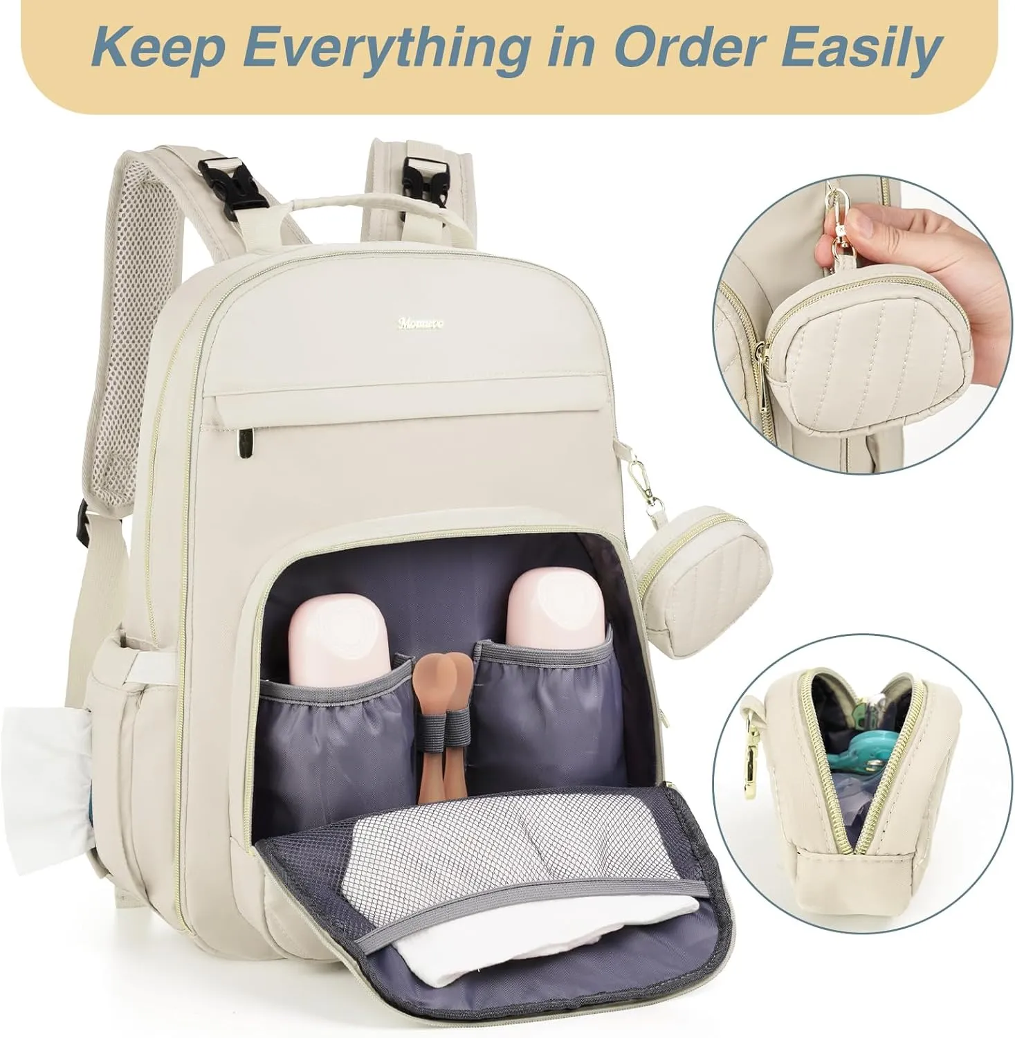 MOMUVO Diaper Bag Backpack, Quilted Baby Bag with Changing Pad and Stroller Straps and Pacifier Case, Multifunction Waterproof Travel Diaper Bags, Unisex, Beige