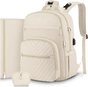 MOMUVO Diaper Bag Backpack, Quilted Baby Bag with Changing Pad and Stroller Straps and Pacifier Case, Multifunction Waterproof Travel Diaper Bags, Unisex, Beige