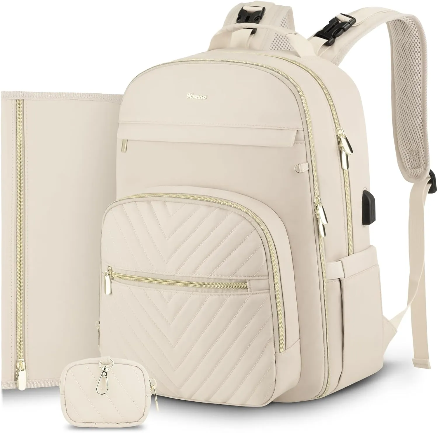 MOMUVO Diaper Bag Backpack, Quilted Baby Bag with Changing Pad and Stroller Straps and Pacifier Case, Multifunction Waterproof Travel Diaper Bags, Unisex, Beige