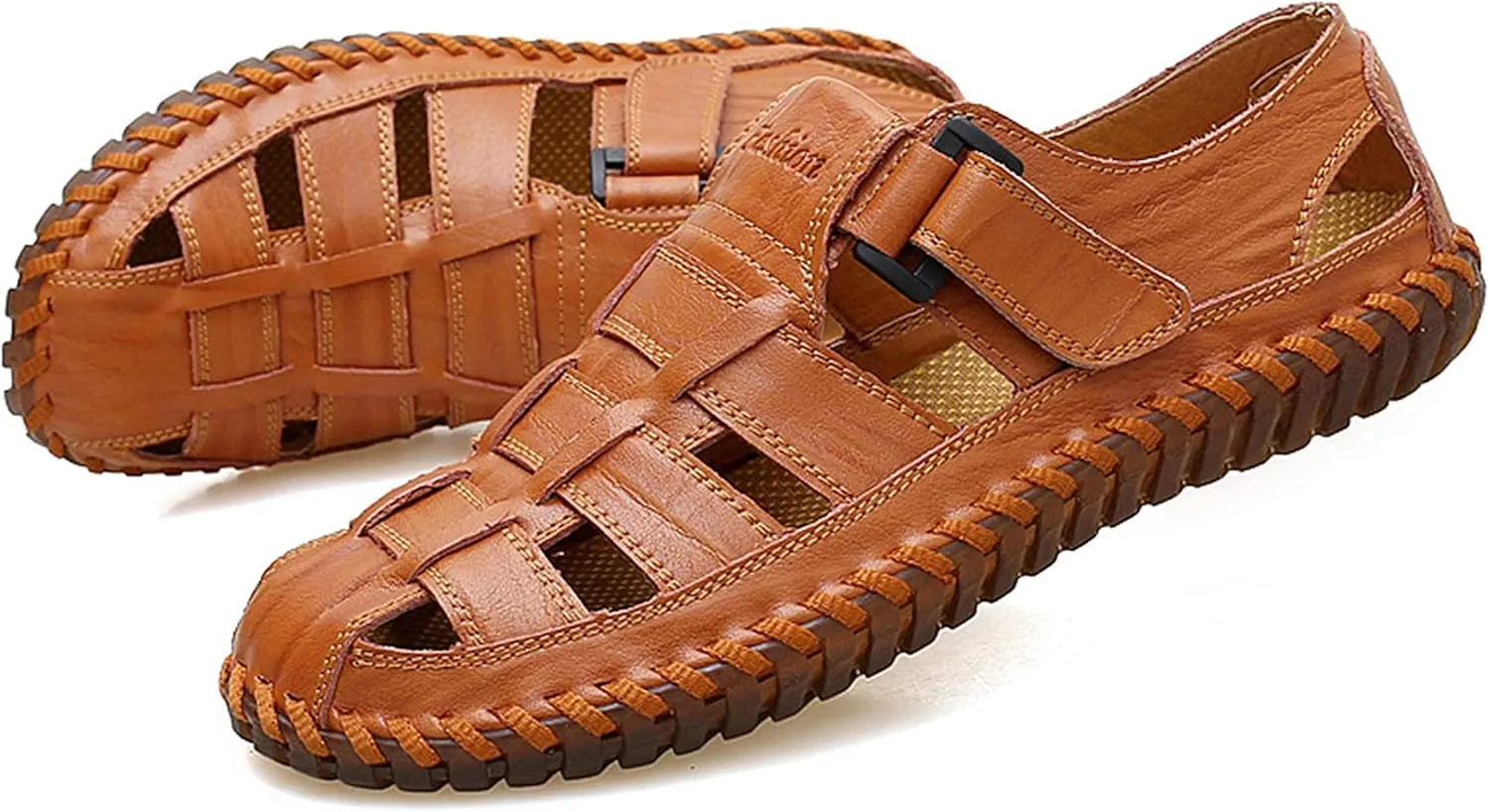 Moodeng Mens Sport Sandals Closed Toe Outdoor Fisherman Shoes Leather Summer Beach Loafters Breathable Anti-Slip