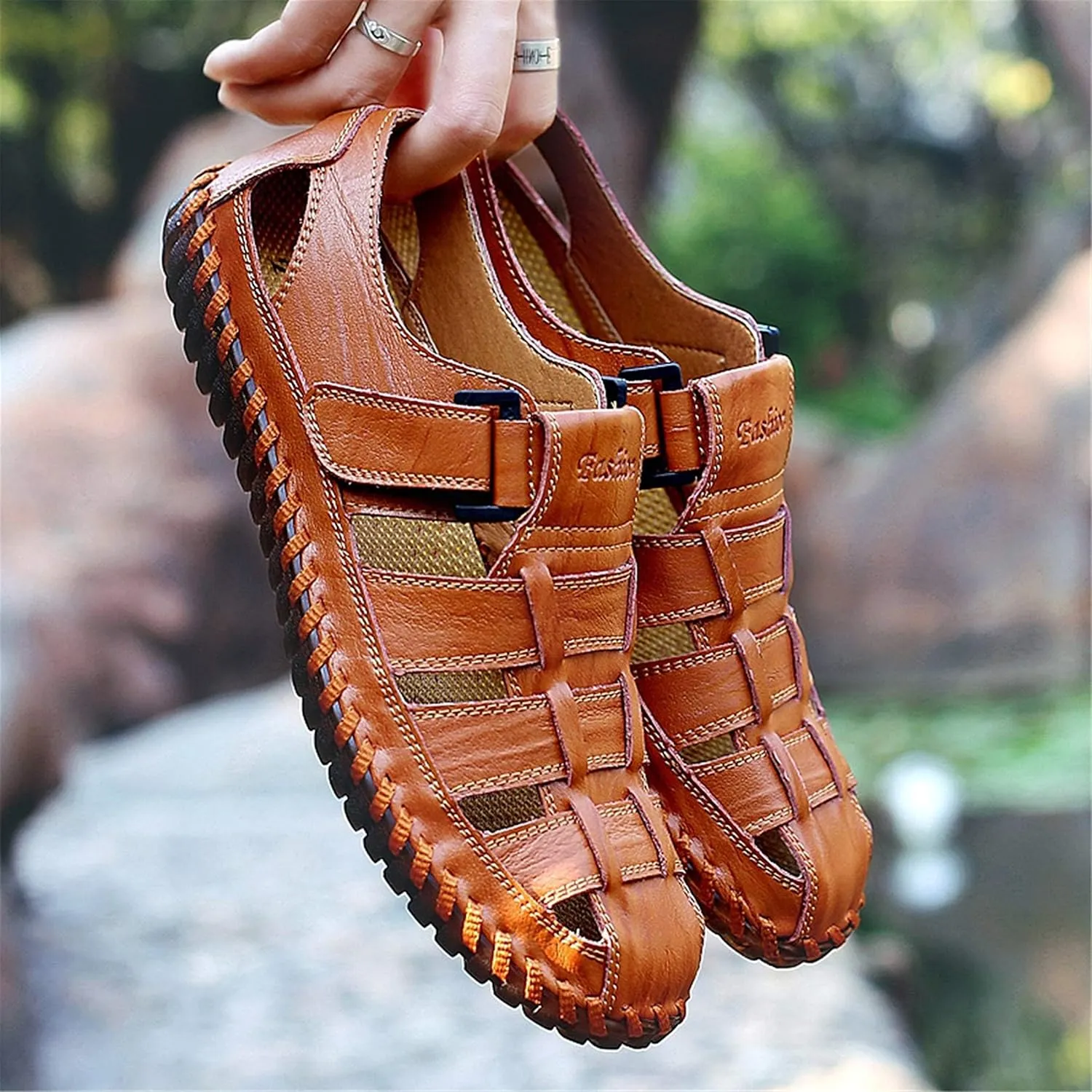 Moodeng Mens Sport Sandals Closed Toe Outdoor Fisherman Shoes Leather Summer Beach Loafters Breathable Anti-Slip