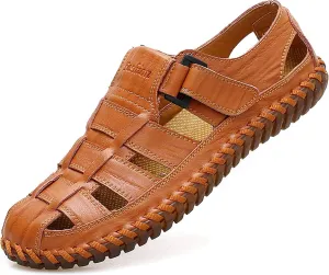 Moodeng Mens Sport Sandals Closed Toe Outdoor Fisherman Shoes Leather Summer Beach Loafters Breathable Anti-Slip