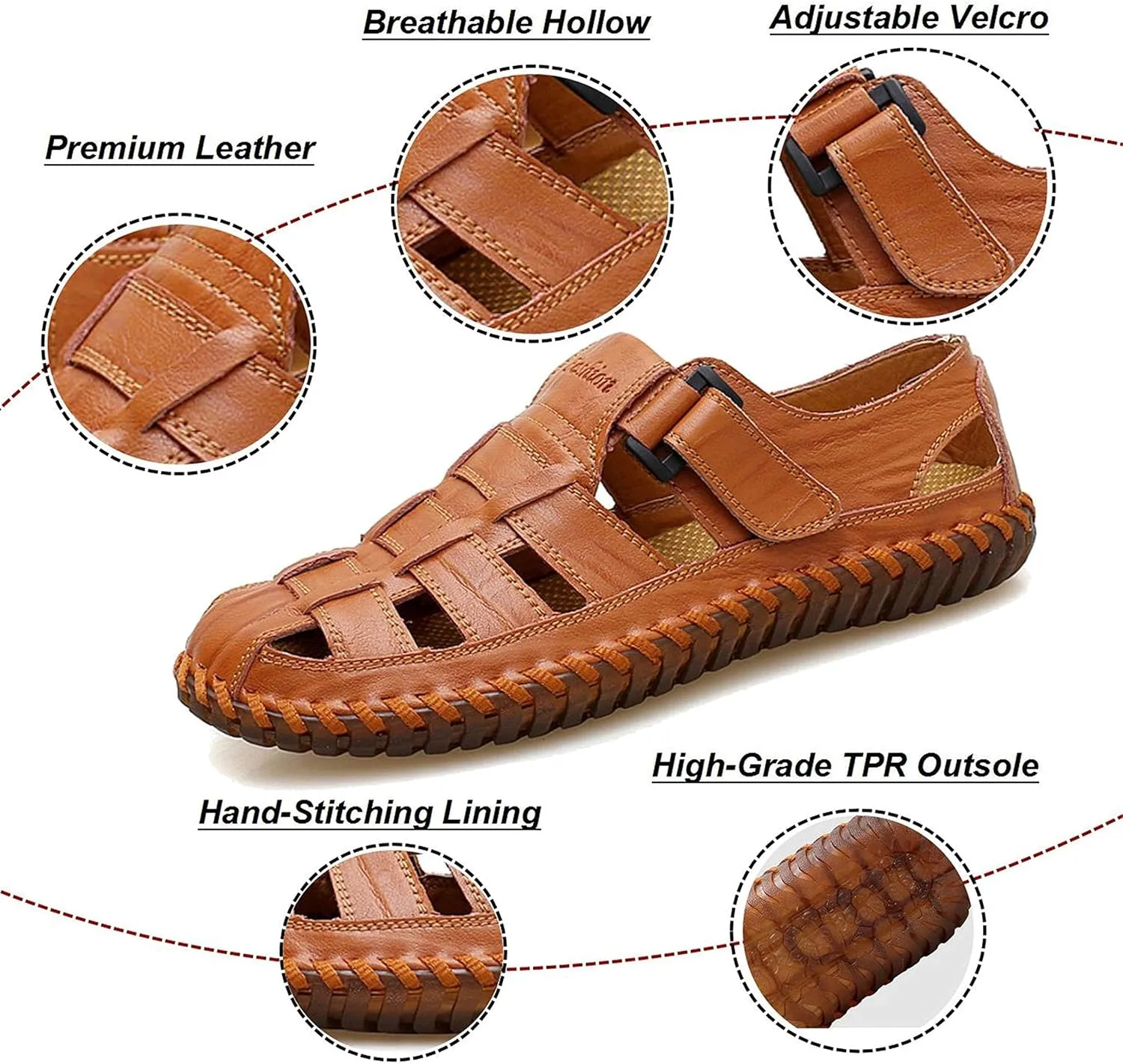 Moodeng Mens Sport Sandals Closed Toe Outdoor Fisherman Shoes Leather Summer Beach Loafters Breathable Anti-Slip