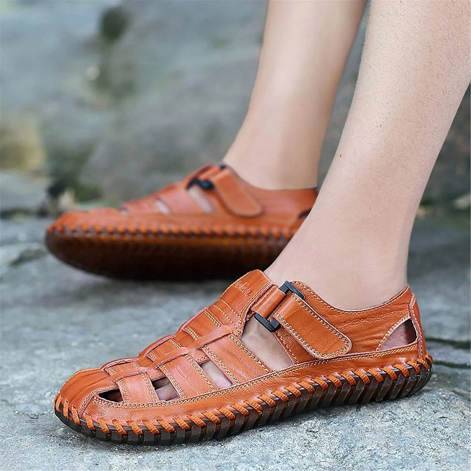 Moodeng Mens Sport Sandals Closed Toe Outdoor Fisherman Shoes Leather Summer Beach Loafters Breathable Anti-Slip
