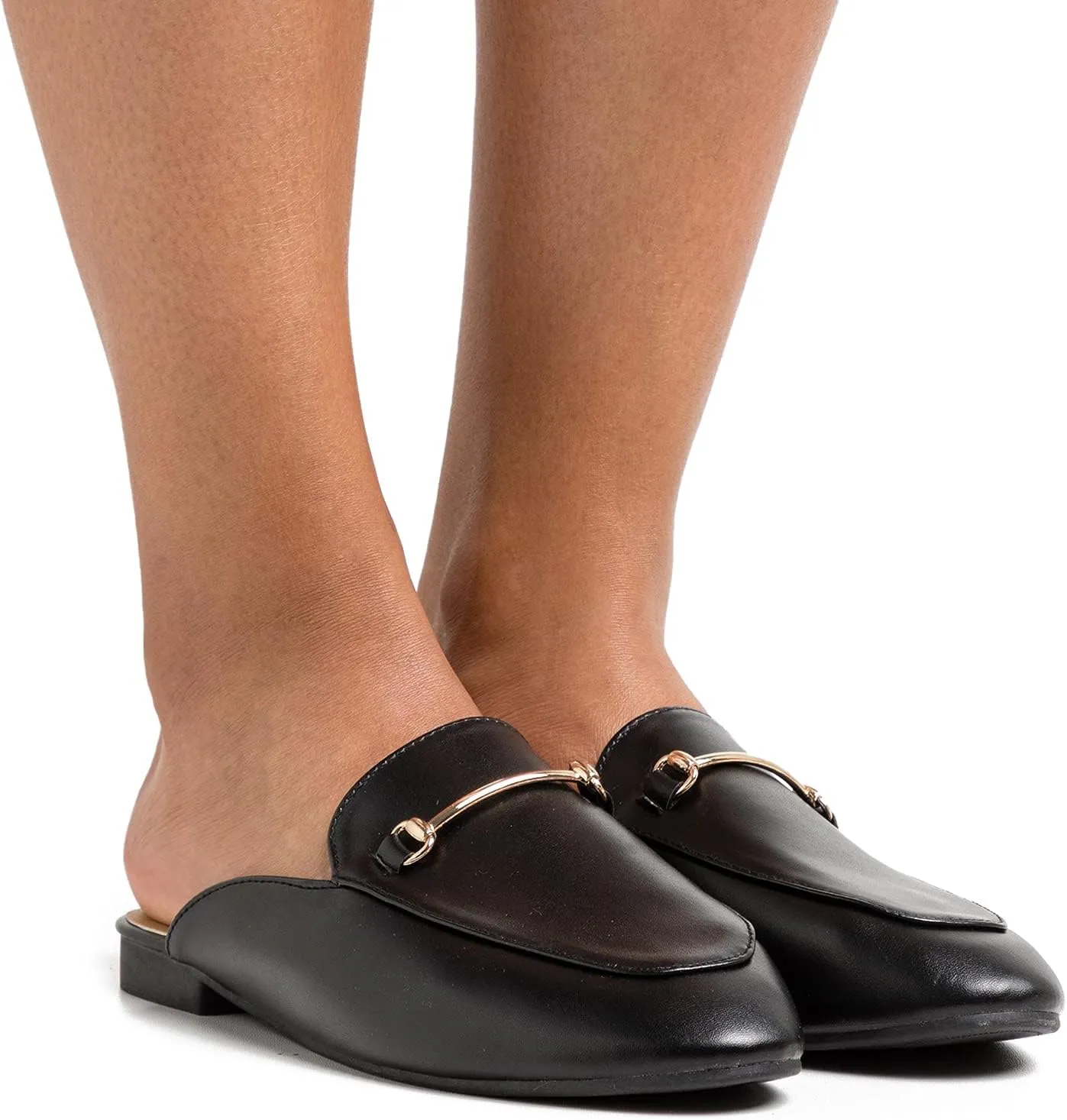 MOOMMO Classic Woman Slip On Flats Mules Retro Buckle Square Toe Mule Shoes Flat Heel Slides Loafer Sandals Comfort Matte Leather Backless Closed Toe Dress Slipper Casual Office 4-13 M US