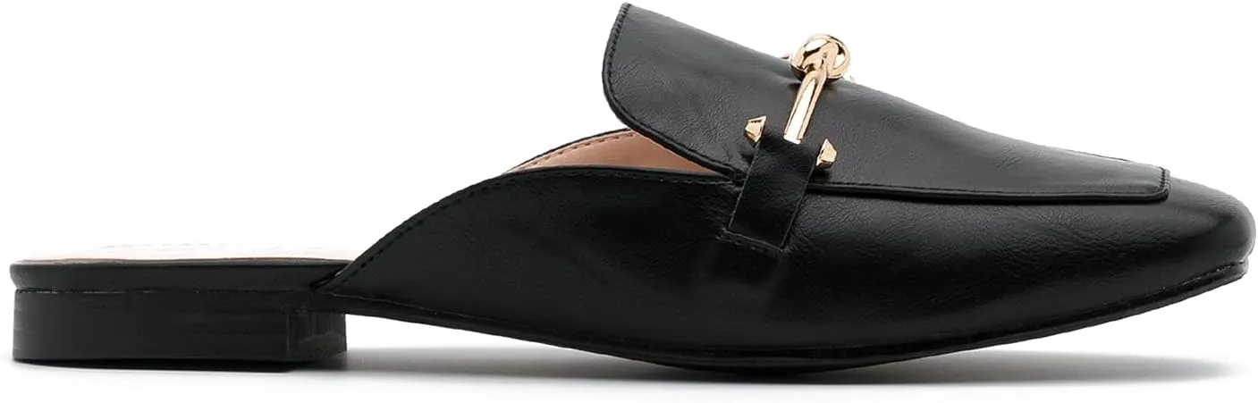 MOOMMO Classic Woman Slip On Flats Mules Retro Buckle Square Toe Mule Shoes Flat Heel Slides Loafer Sandals Comfort Matte Leather Backless Closed Toe Dress Slipper Casual Office 4-13 M US