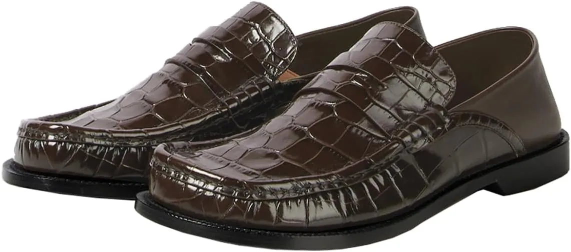 MOOMMO Women Low Chunky Heel Loafers Walking Shoes Crocodile Loafer Flats Round Toe Toe Slip On Penny Loafers Dress Shoes Matte Stone Pattern Office Ladies Casual Comfort 4-11 M US