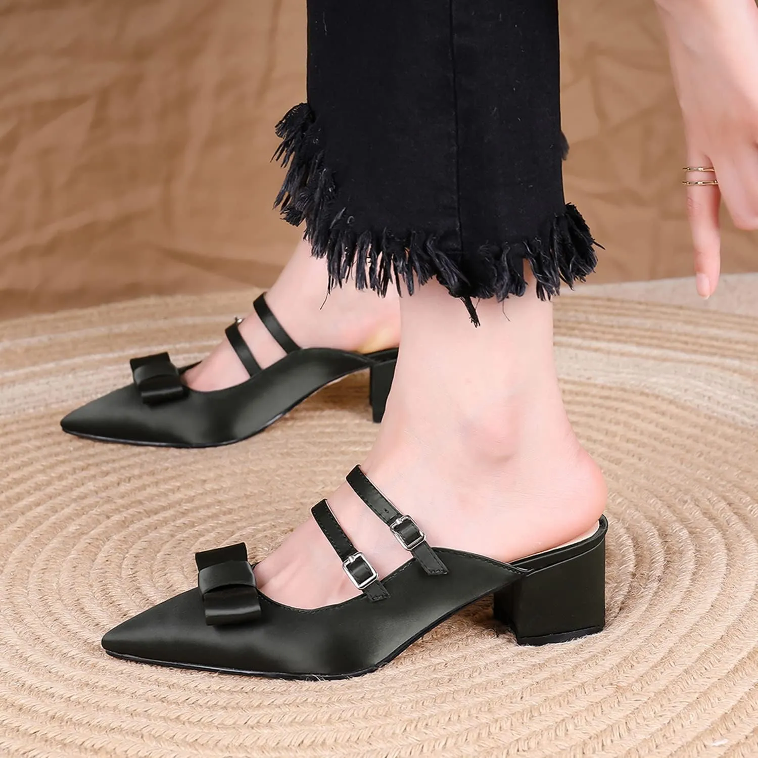 MOOMMO Women Satin Bow Mules Pointed Toe Chunky Block Heel Dress Pumps Shoes Backless Cute Closed Toe 2 Inch Mid Heel Slip On Sandals Two Buckle Strap Mule Heel Wedding Party Summer Size 4-13 M US