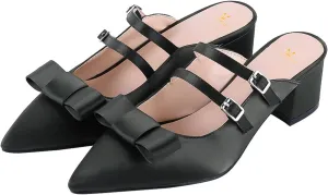 MOOMMO Women Satin Bow Mules Pointed Toe Chunky Block Heel Dress Pumps Shoes Backless Cute Closed Toe 2 Inch Mid Heel Slip On Sandals Two Buckle Strap Mule Heel Wedding Party Summer Size 4-13 M US