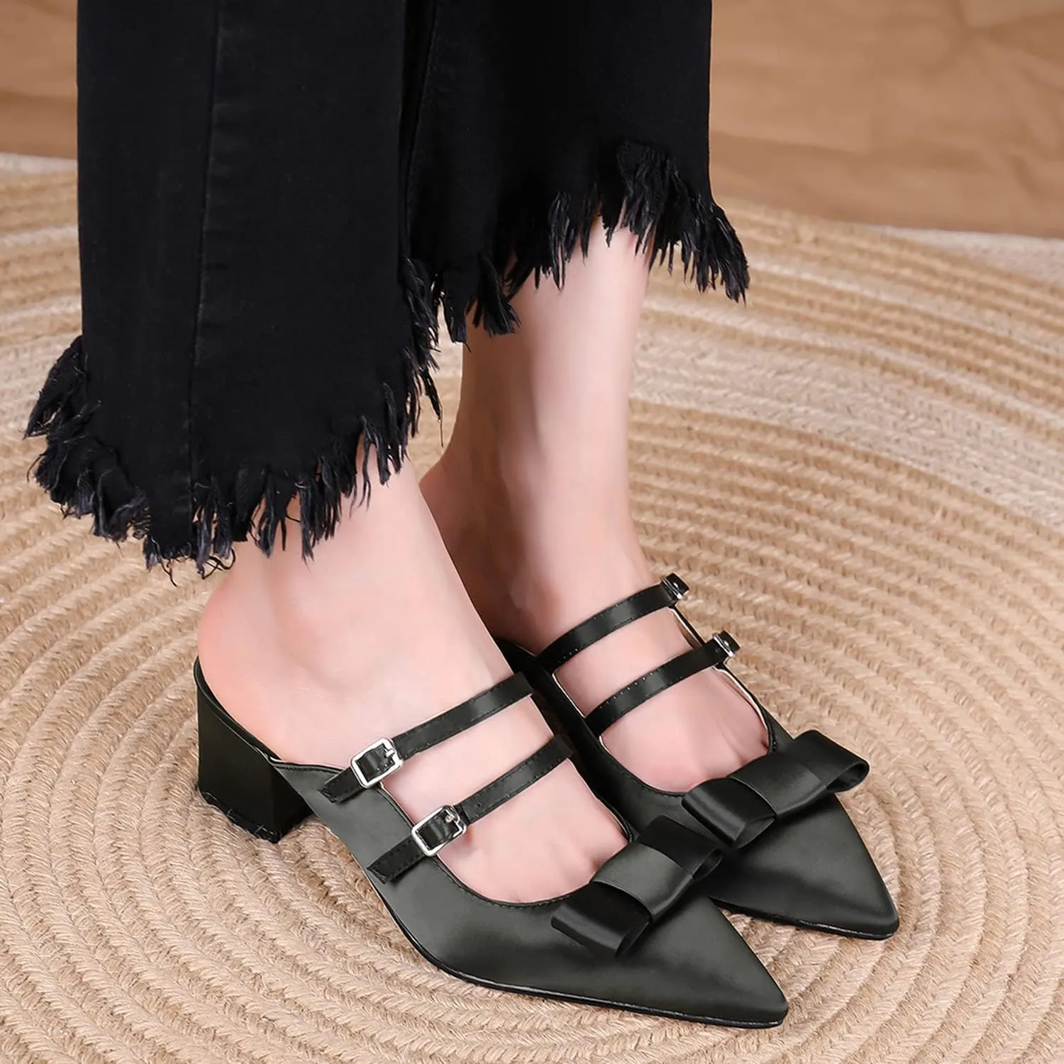 MOOMMO Women Satin Bow Mules Pointed Toe Chunky Block Heel Dress Pumps Shoes Backless Cute Closed Toe 2 Inch Mid Heel Slip On Sandals Two Buckle Strap Mule Heel Wedding Party Summer Size 4-13 M US