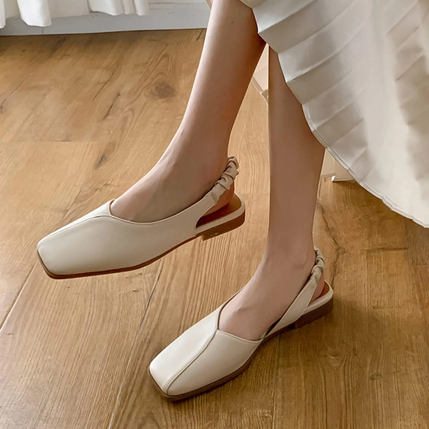 MOOMMO Women's Low Heel Slingback Ballet Flats Comfortable Elastic Ankle Strap Square Toe Loafer Sandals Closed Toe Slip On Mules Elegant Office Summer Casual Leisure Dressy 4-10 M US