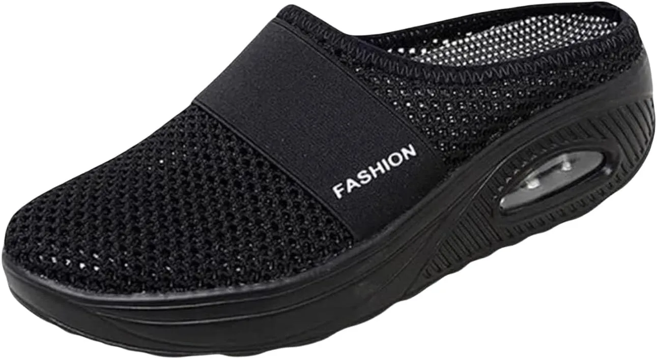 Mules for Women Breathable Mesh Walking Mules Sneakers Arch Support Slippers Outdoor Casual Non Slip Orthopedic Sneakers Slip-On Open Back Mule Platform Wedge Closed Toe Shoes
