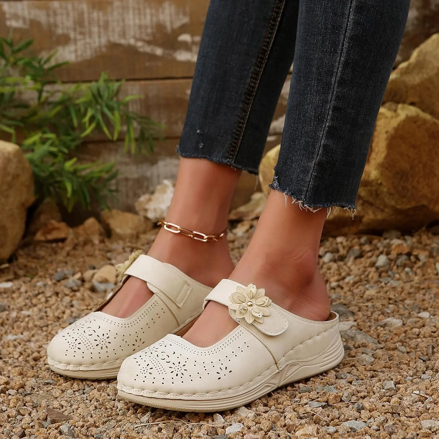 Mules for Women Comfort Closed Toe Sandals Casual Slip On Wedge Sandals Adjustable Hook Loop Low Heel Orthopedic Sandal Round Head Soft Bottom Footwear Breathable Shoes