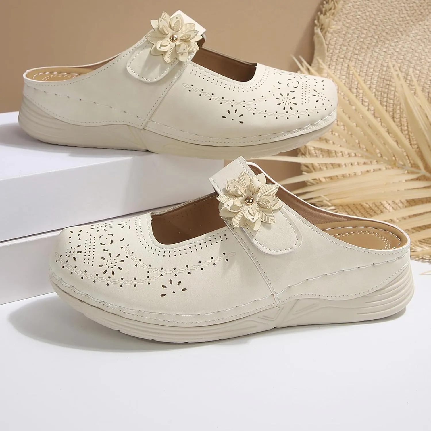 Mules for Women Comfort Closed Toe Sandals Casual Slip On Wedge Sandals Adjustable Hook Loop Low Heel Orthopedic Sandal Round Head Soft Bottom Footwear Breathable Shoes