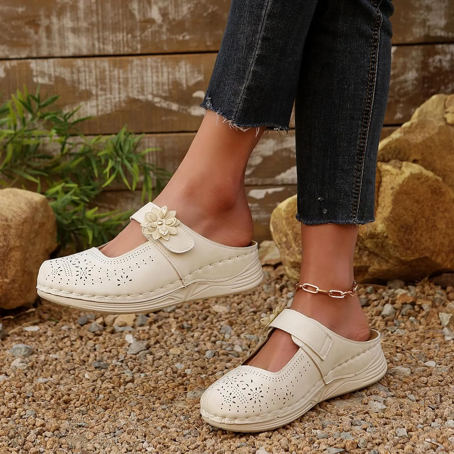 Mules for Women Comfort Closed Toe Sandals Casual Slip On Wedge Sandals Adjustable Hook Loop Low Heel Orthopedic Sandal Round Head Soft Bottom Footwear Breathable Shoes