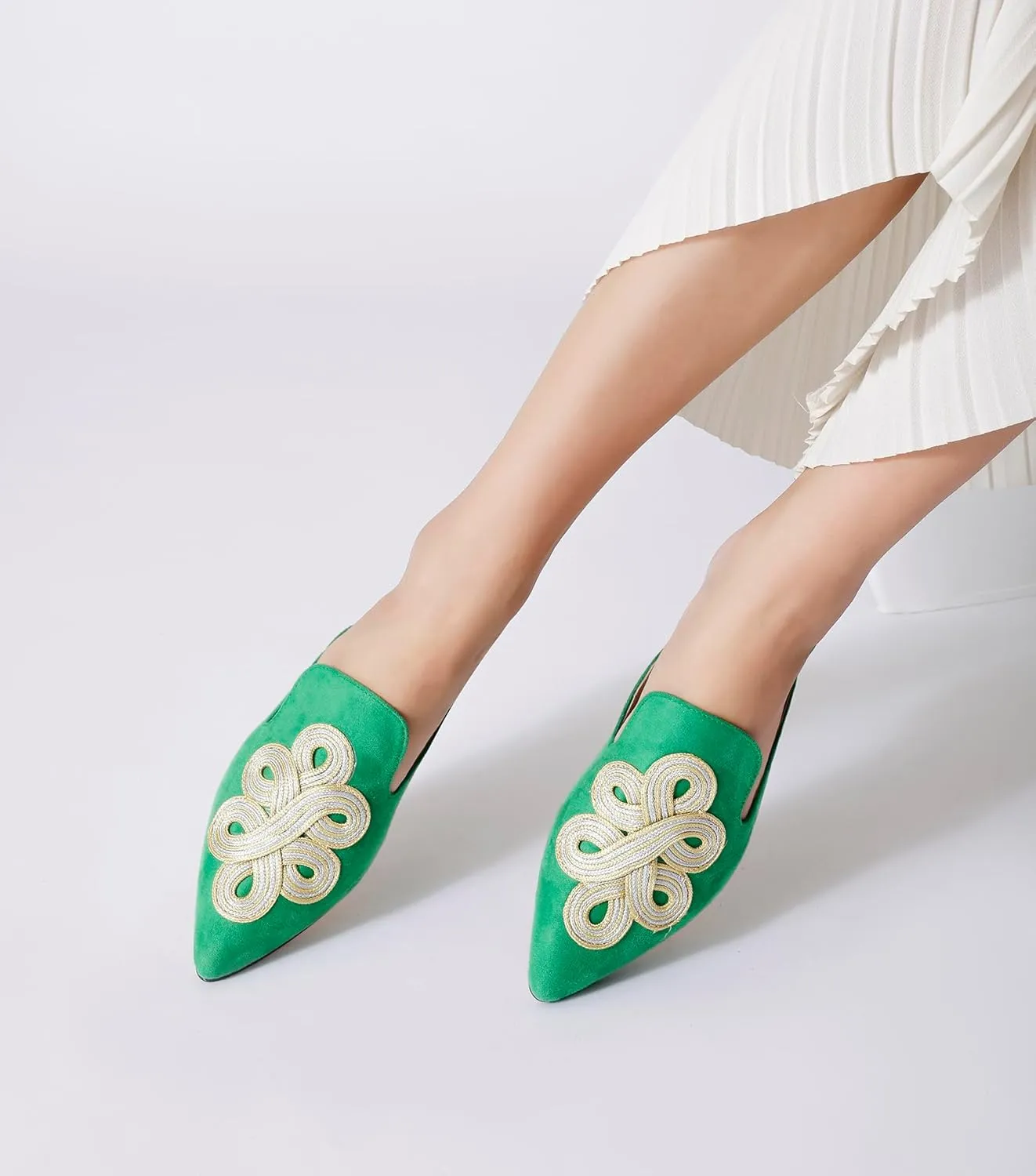 Mules for Women Pointed Toe Comfortable Flats Handmade Knotting Mules Backless Loafers
