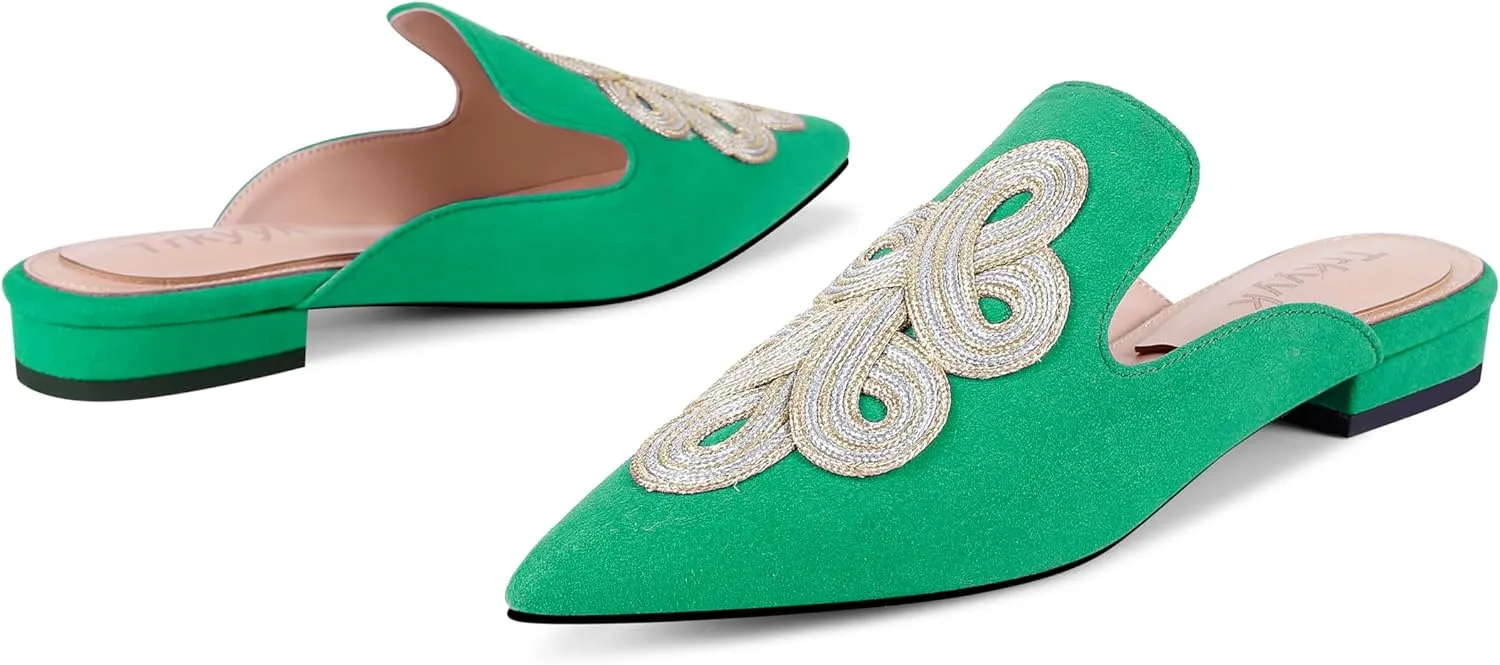 Mules for Women Pointed Toe Comfortable Flats Handmade Knotting Mules Backless Loafers