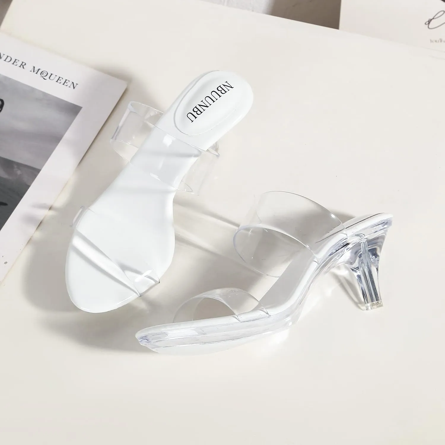 NBUUNBU Clear Heels for Women Silver Black Heels Little Platform Sexy High Heels Sandals Stiletto Kitten Open Toe Dress Shoes Comfortable Double Transparent Strap Heeled Sandals Mule