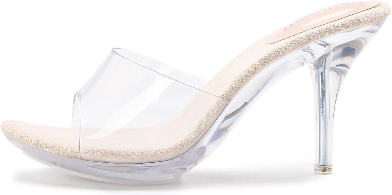 NBUUNBU Silver Clear Heels For Women Dress Shoes Transparent Strap Sexy Stilletos Heels Open Toe High Silver Heeled Sandals Pump Mules