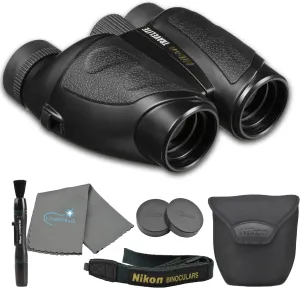 Nikon Travelite 10x25 Binoculars (7278) Travel Binoculars Bundle, Black, with Nikon Lens Pen, Carry Case, and Lens Cloth - High Powered Compact for Adults - Bird Watching, Hunting, Hiking