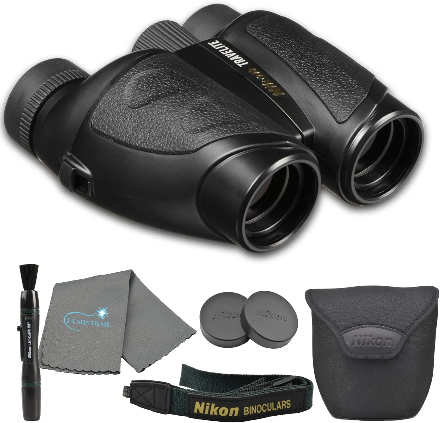 Nikon Travelite 10x25 Binoculars (7278) Travel Binoculars Bundle, Black, with Nikon Lens Pen, Carry Case, and Lens Cloth - High Powered Compact for Adults - Bird Watching, Hunting, Hiking