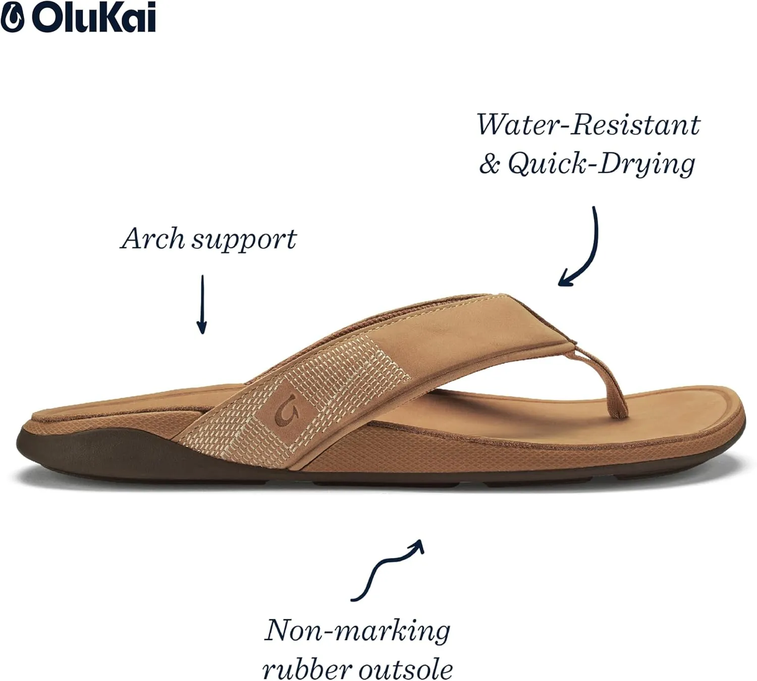 OLUKAI Tuahine Men's Waterproof Leather Sandals, Versatile Beach Flip Flops, Arch Support & Comfort Fit, Lightweight & Durable, Enhanced Grip & Traction