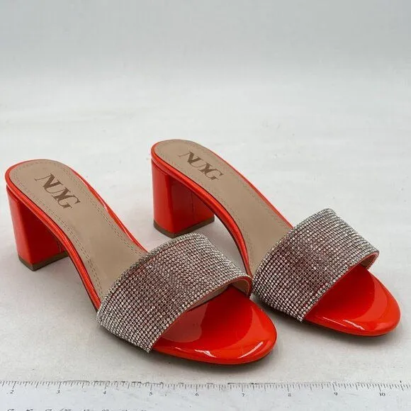 Orange Open Toe Rhinestones Slip On Slide Sandals Chunky Heel Backless Mule