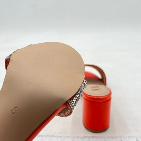 Orange Open Toe Rhinestones Slip On Slide Sandals Chunky Heel Backless Mule