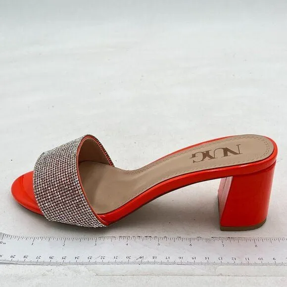 Orange Open Toe Rhinestones Slip On Slide Sandals Chunky Heel Backless Mule