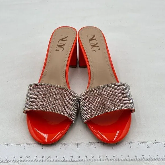Orange Open Toe Rhinestones Slip On Slide Sandals Chunky Heel Backless Mule