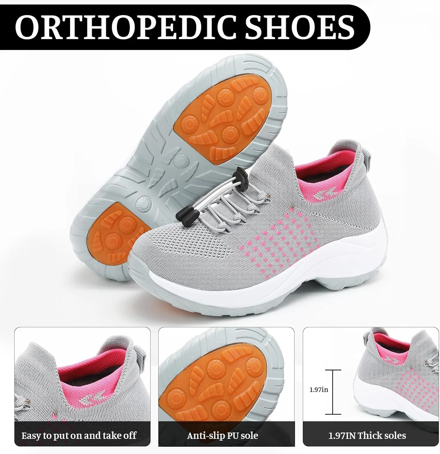 Orthopedic Sneakers for Women Men Adjustable Elastic Strap Trainers Shoes,Lightweight Breathable Damping Air Cushion Sneakers Non-Slip Platform Waterproof Comfort Soles Sports Shoes with Arch Support
