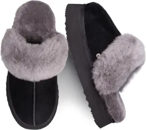 Parfeying Women's Sheepskin House Slippers Indoor Outdoor Shearling Shoes for Women