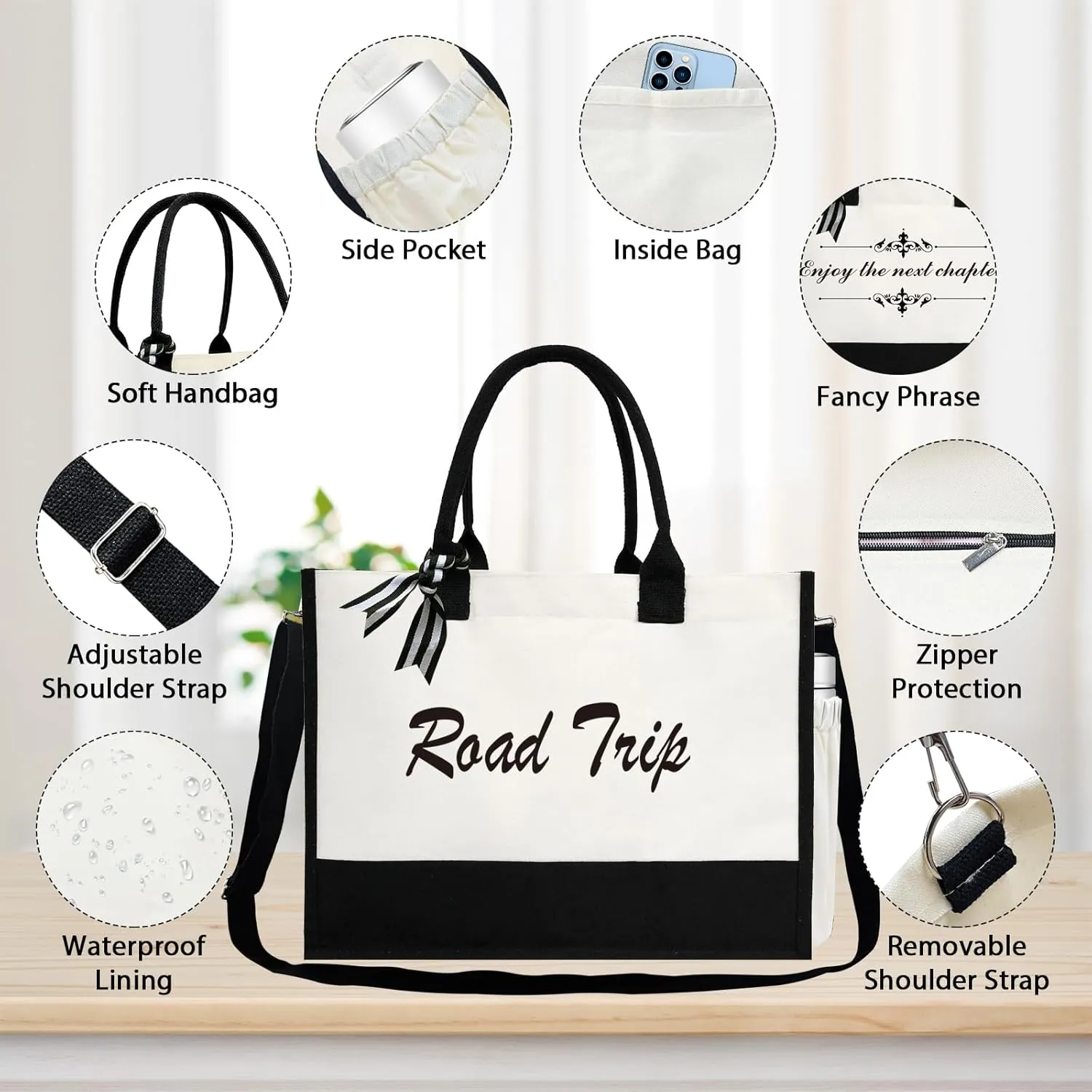 Phrase Canvas Beach Bag,Zipper and Slide Pockets,Stylish Canvas Bag Shoulder Strap and Bottom Support, Office Handbag