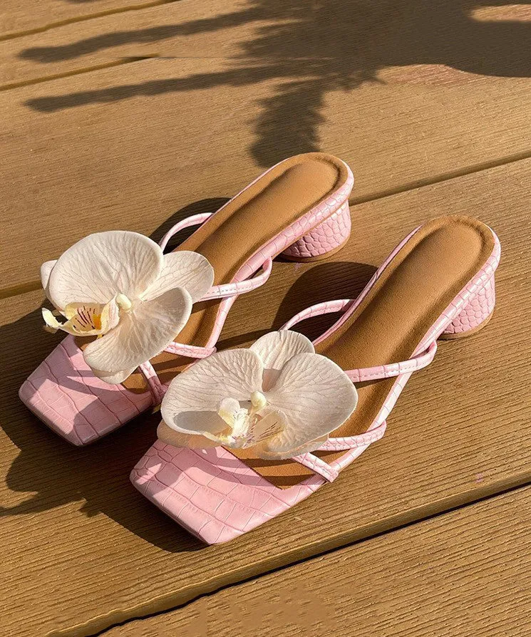 Pink Floral Splicing Chunky Slide Sandals Peep Toe
