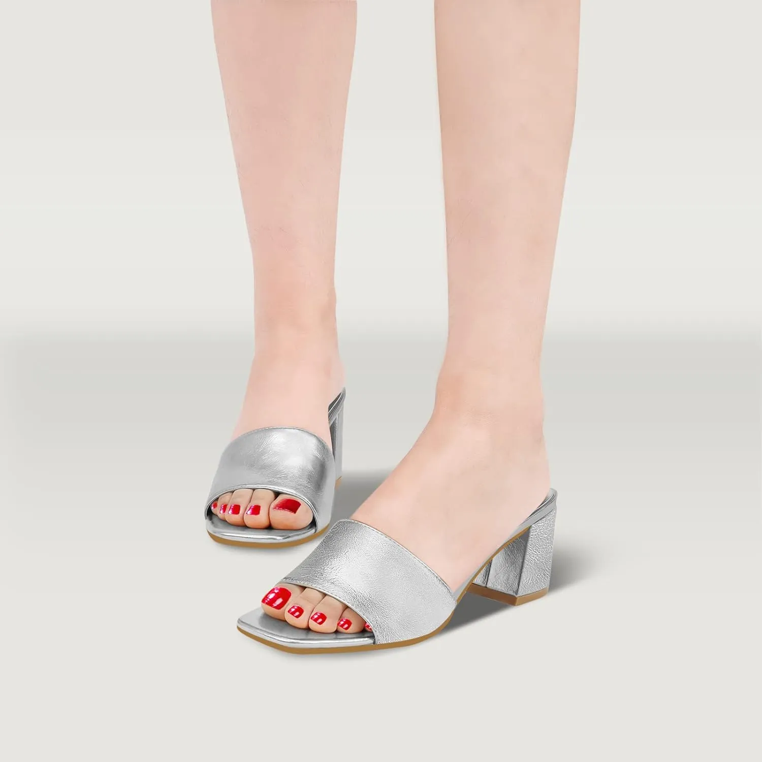 PIZZ ANNU Women's Square Open Toe Heels Sandals Low Block Chunky Heeled Sandal Slip on Mules Comfortable Casual Dress Pumps Shoes