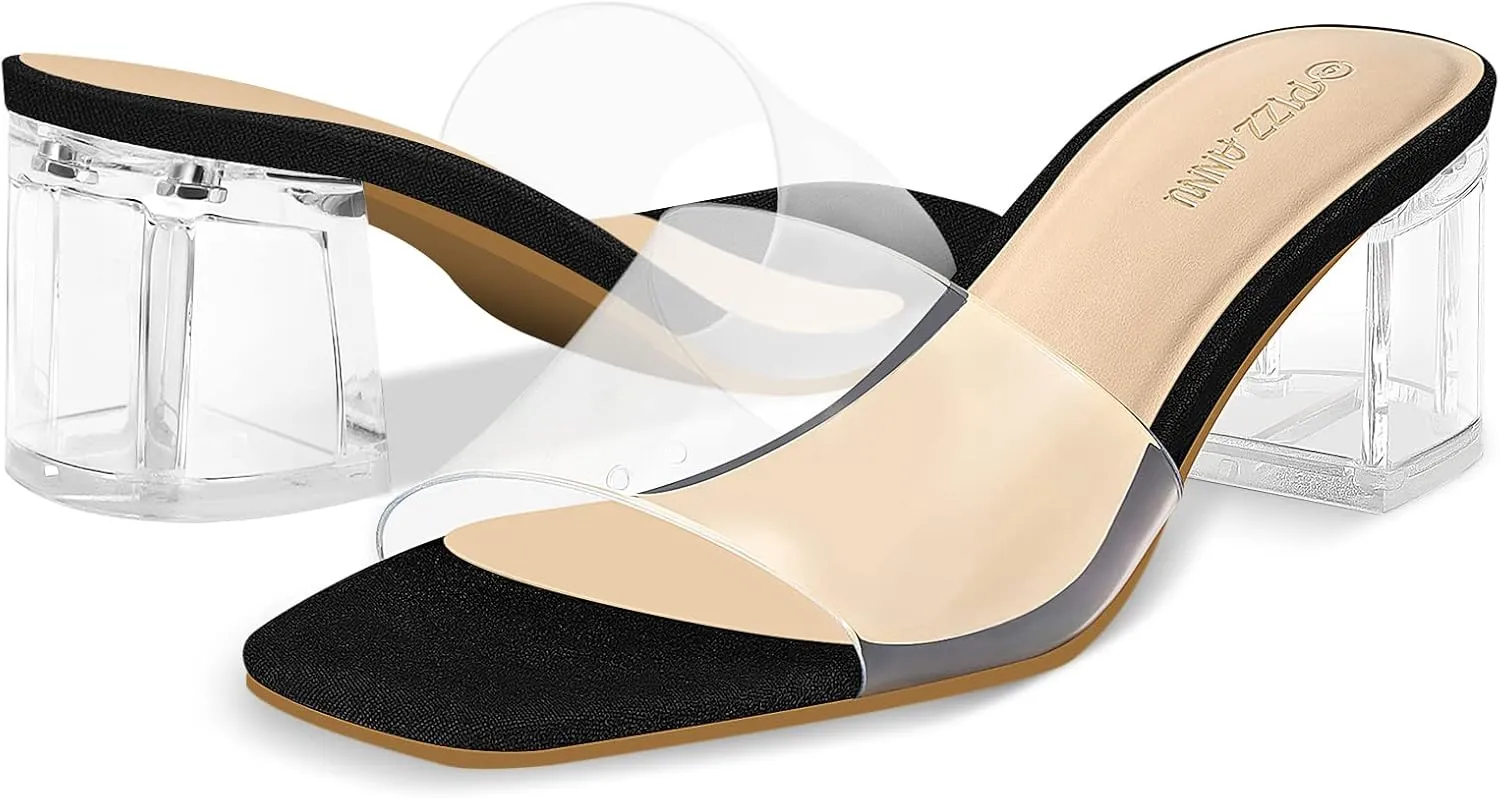 PIZZ ANNU Women's Square Open Toe Heels Sandals Low Block Chunky Heeled Sandal Slip on Mules Comfortable Casual Dress Pumps Shoes