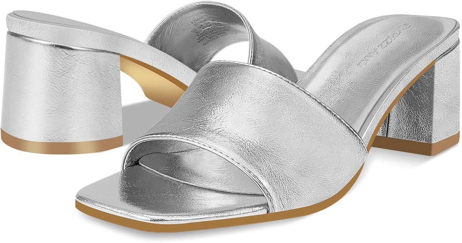 PIZZ ANNU Women's Square Open Toe Heels Sandals Low Block Chunky Heeled Sandal Slip on Mules Comfortable Casual Dress Pumps Shoes