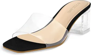 PIZZ ANNU Women's Square Open Toe Heels Sandals Low Block Chunky Heeled Sandal Slip on Mules Comfortable Casual Dress Pumps Shoes