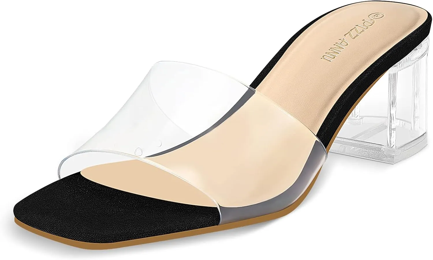 PIZZ ANNU Women's Square Open Toe Heels Sandals Low Block Chunky Heeled Sandal Slip on Mules Comfortable Casual Dress Pumps Shoes