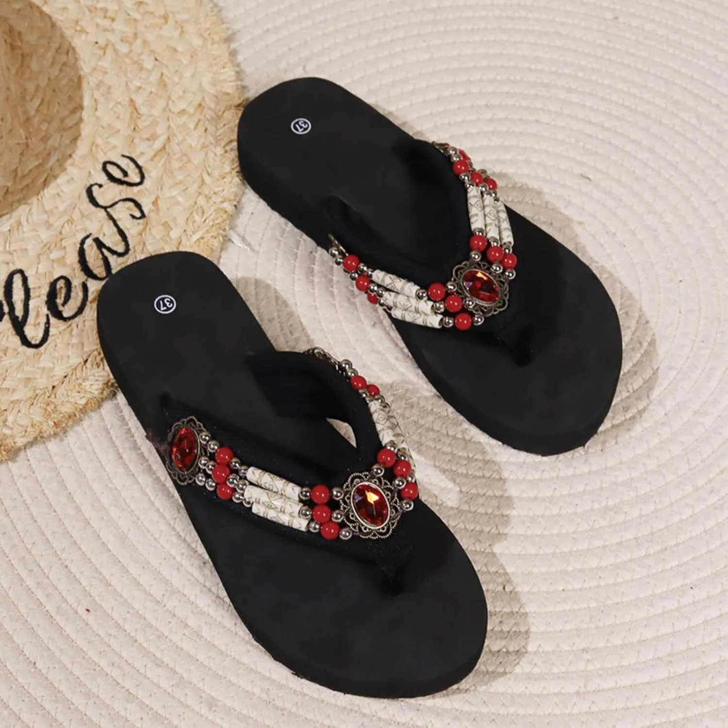 Platform Flat Flip Flops Sandals for Women Beaded Decor Boho Beach Shoes Slippers Comfortable Thong Slides Sandal