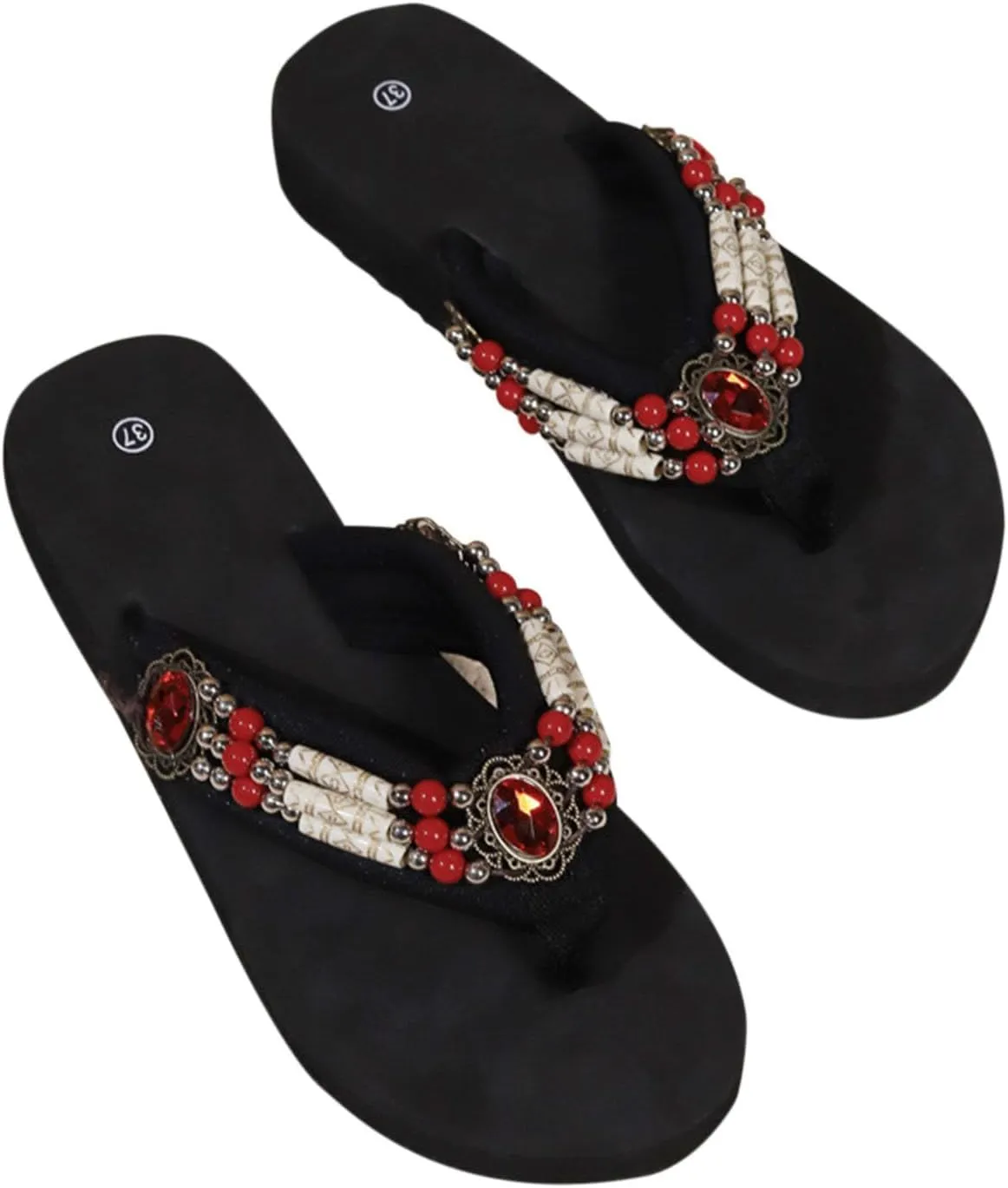 Platform Flat Flip Flops Sandals for Women Beaded Decor Boho Beach Shoes Slippers Comfortable Thong Slides Sandal