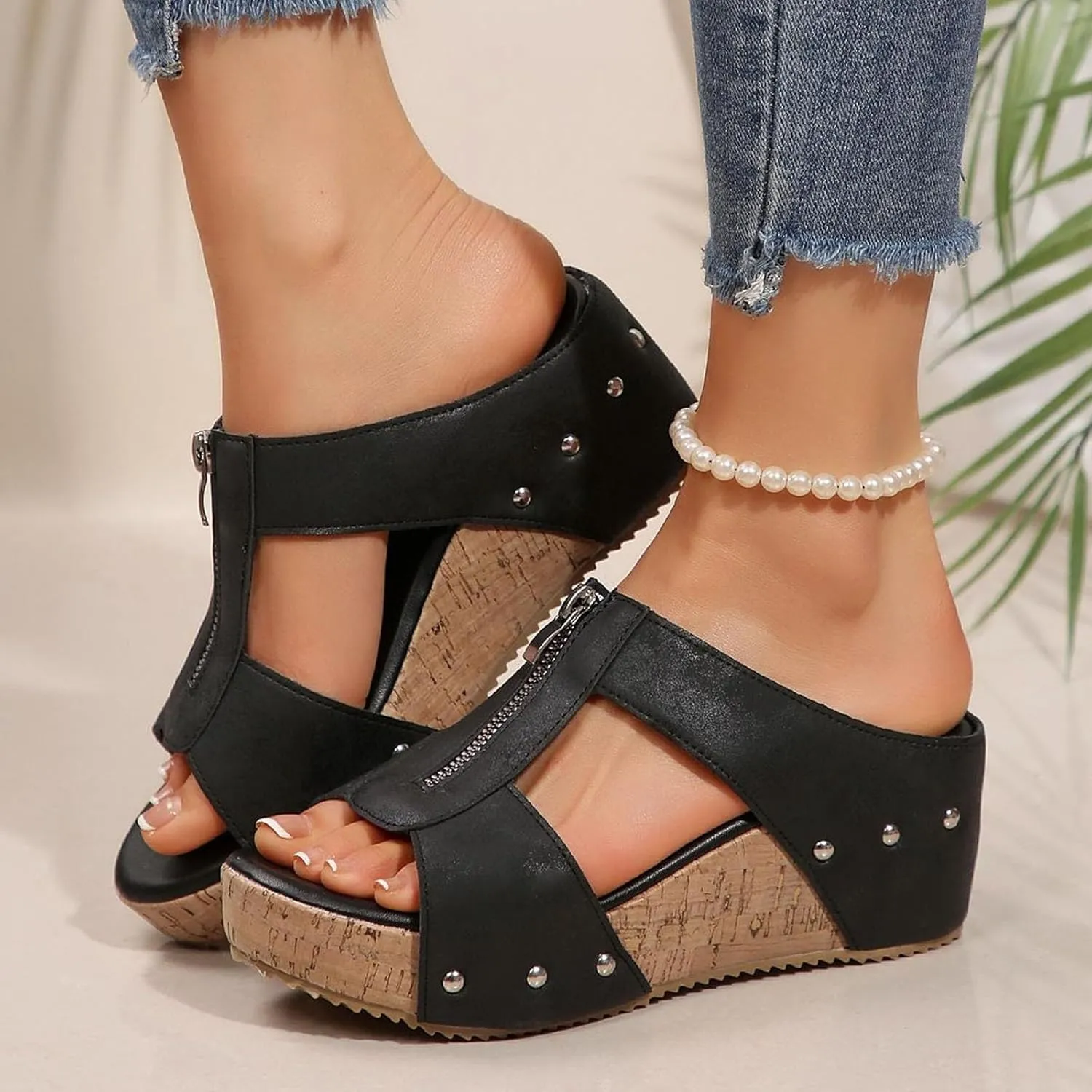 Platform Sandals Women Summer Beach Black Sandals Wedge Heel Slip on Sandals Travel Bohemia Walking Shoes