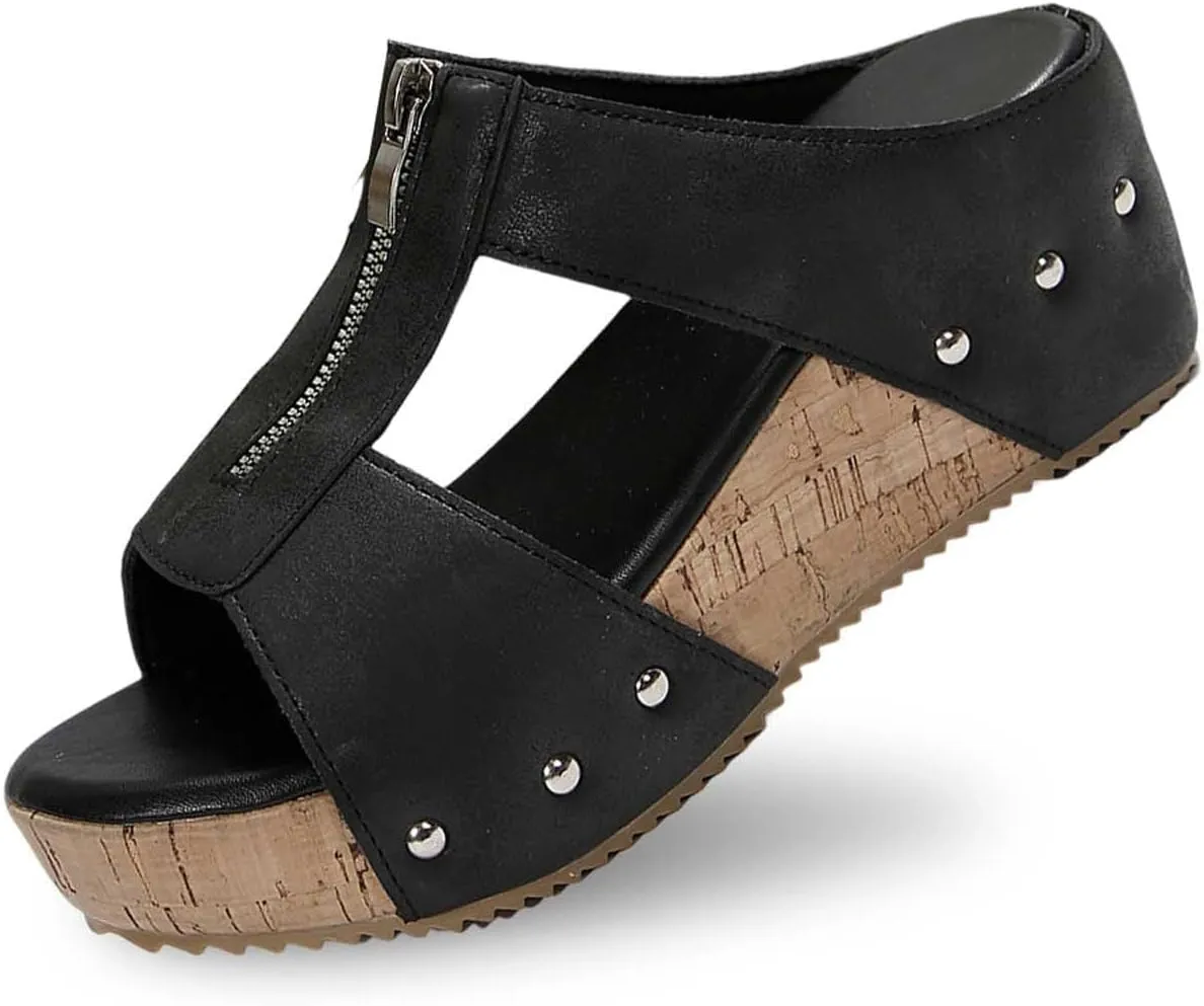 Platform Sandals Women Summer Beach Black Sandals Wedge Heel Slip on Sandals Travel Bohemia Walking Shoes