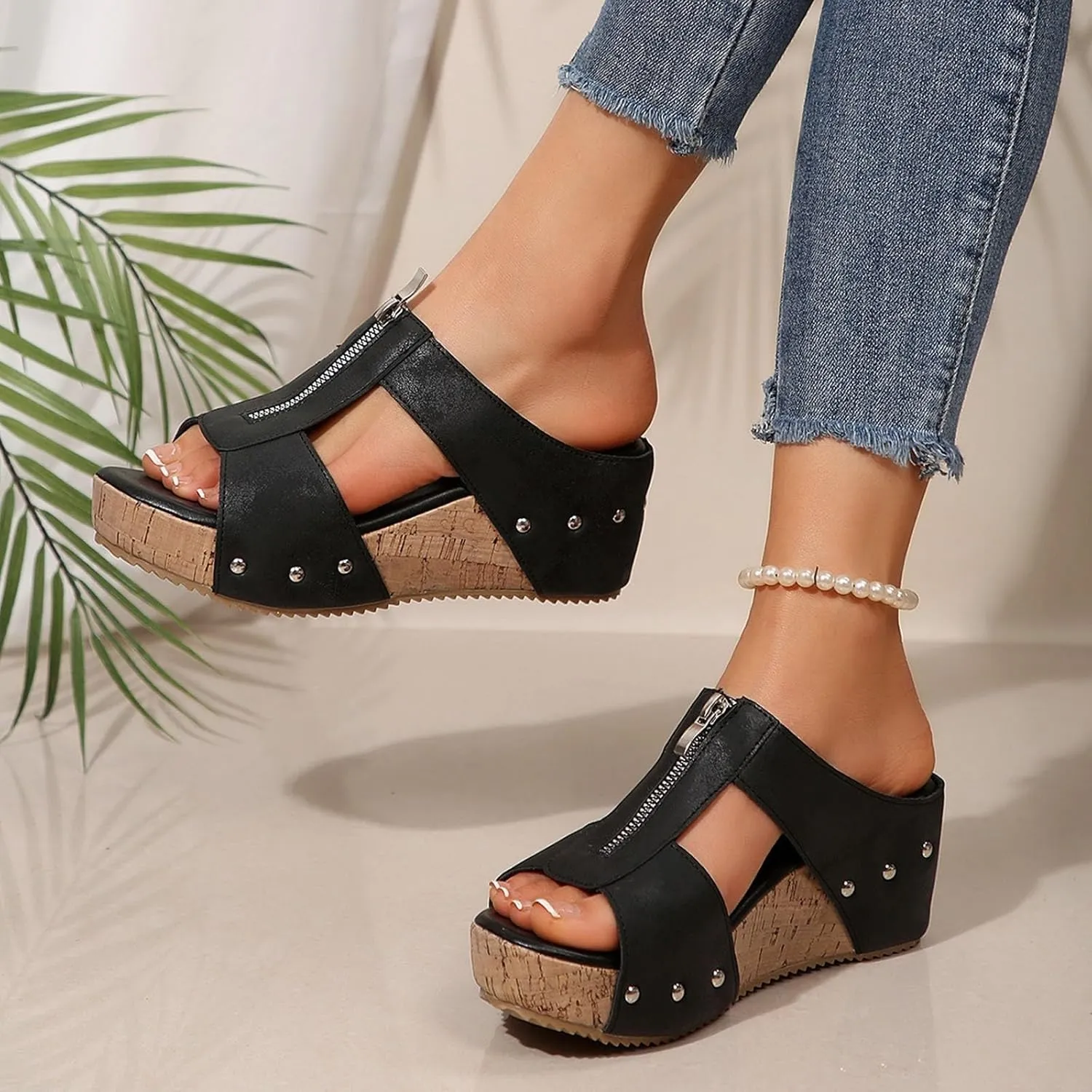 Platform Sandals Women Summer Beach Black Sandals Wedge Heel Slip on Sandals Travel Bohemia Walking Shoes