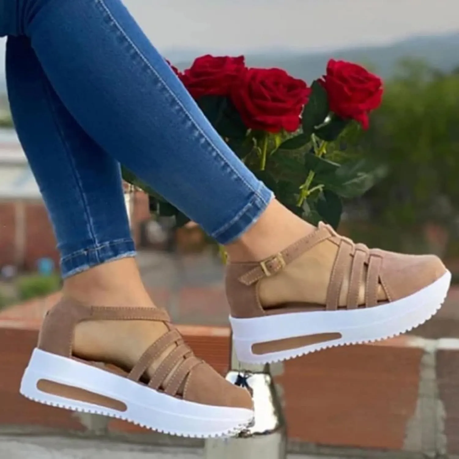 Platform Sandals Women Wedge Braided Platform Adjustable Ankle Band Breathable Beach Shoes Slip-Resistant Tread 2025 Spring and Summer Vacation